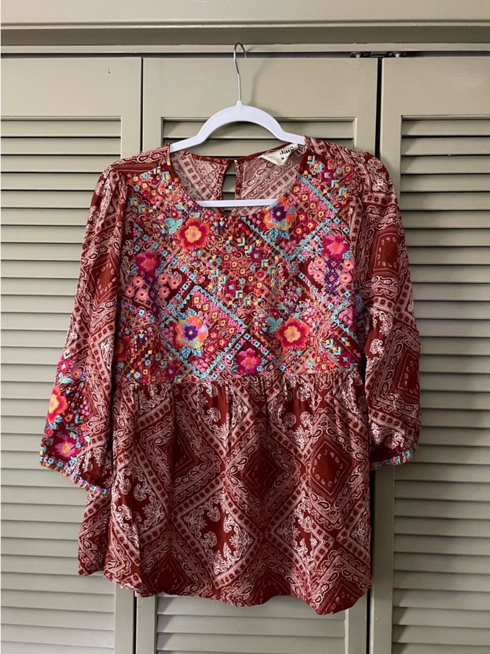 Savanna Jane Rust Embroidered Boho Top with Multicolor Accents